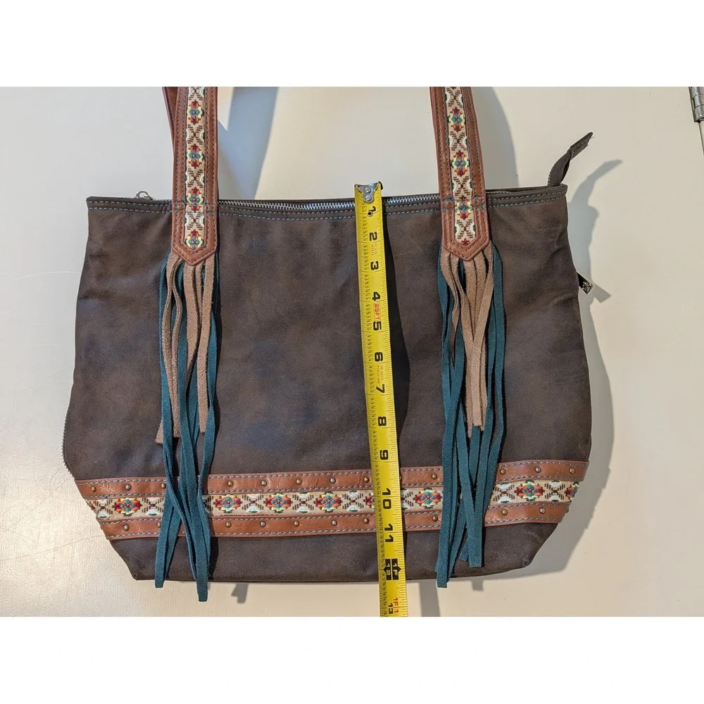 Catchfly Western Boho Faux Suede Tote Bag Brown Turquoise Fringe Embroidered
